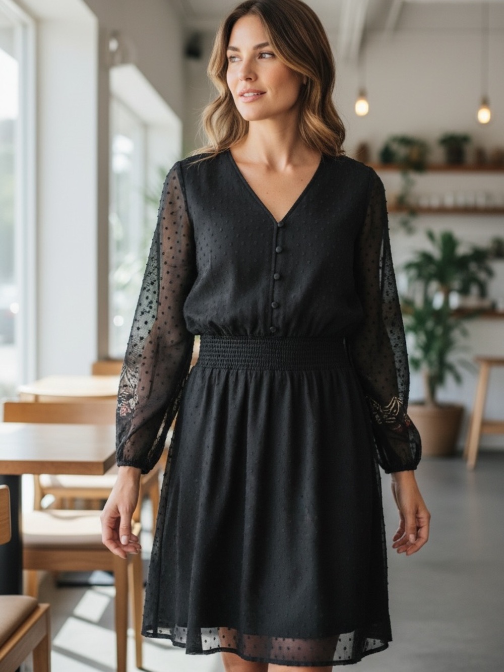Daniel Rainn Black V-Neck Swiss Dot Smocked-Waist Dress